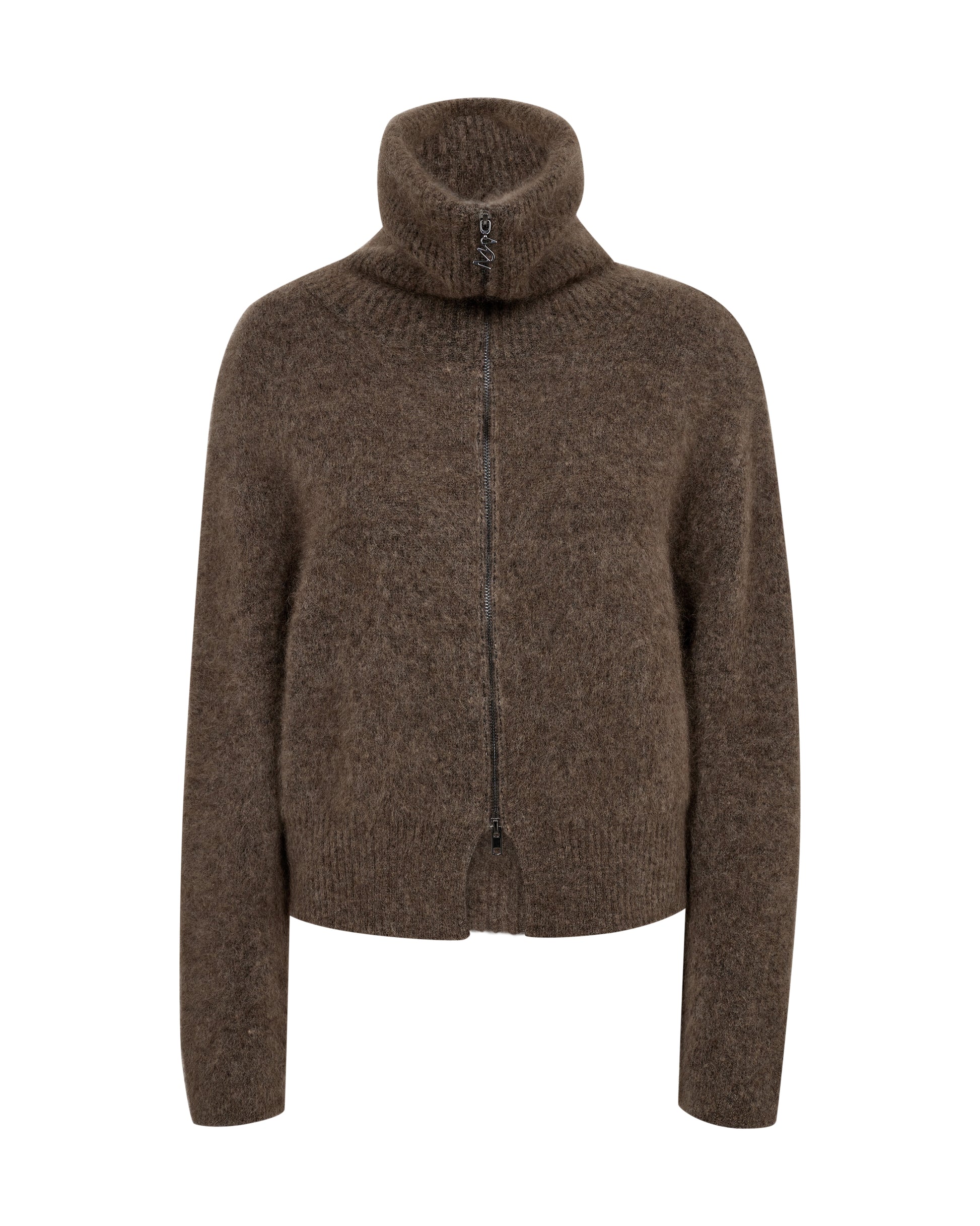 high neck chocolate brown wool zip jumper with ribbing and split at the front from mos mosh