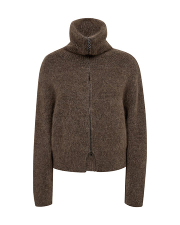 high neck chocolate brown wool zip jumper with ribbing and split at the front from mos mosh