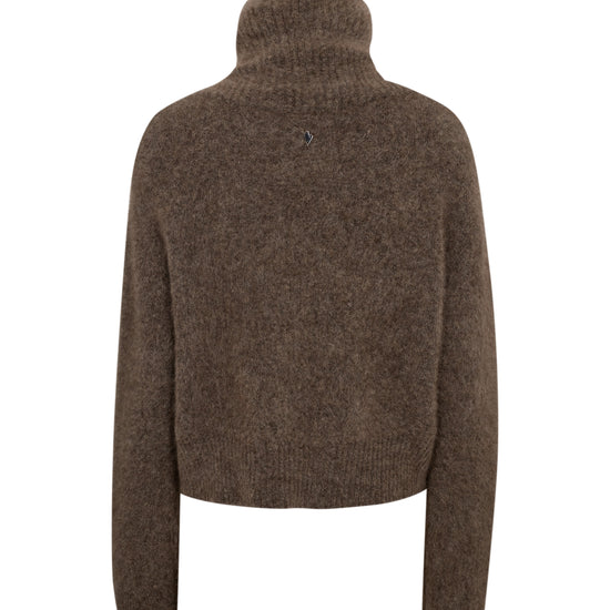 high neck chocolate brown wool zip jumper with ribbing and split at the front rear view from mos mosh