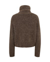 high neck chocolate brown wool zip jumper with ribbing and split at the front rear view from mos mosh