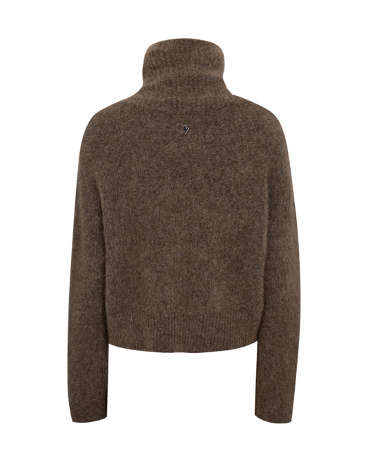 high neck chocolate brown wool zip jumper with ribbing and split at the front rear view from mos mosh