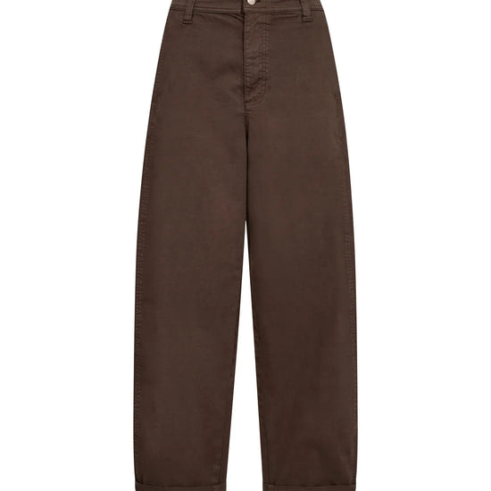 A pair of dark brown wide-leg trousers shown flat against a solid white background.