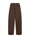 A pair of dark brown wide-leg trousers shown flat against a solid white background.