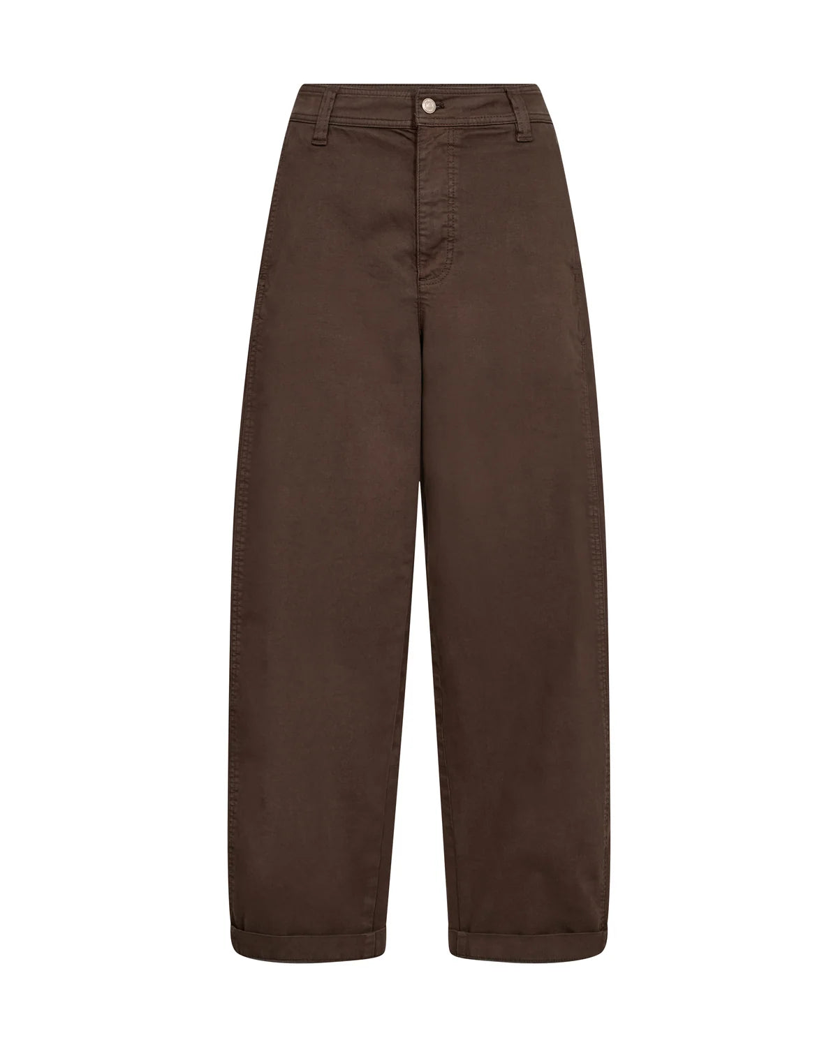 A pair of dark brown wide-leg trousers shown flat against a solid white background.