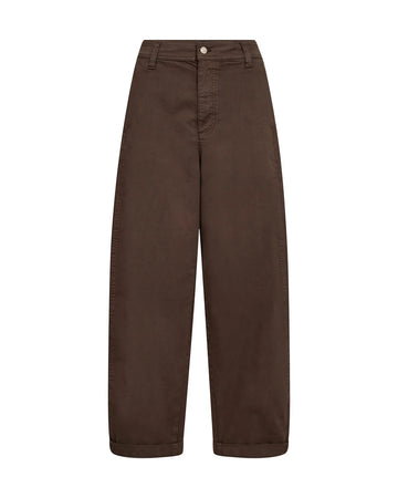 A pair of dark brown wide-leg trousers shown flat against a solid white background.