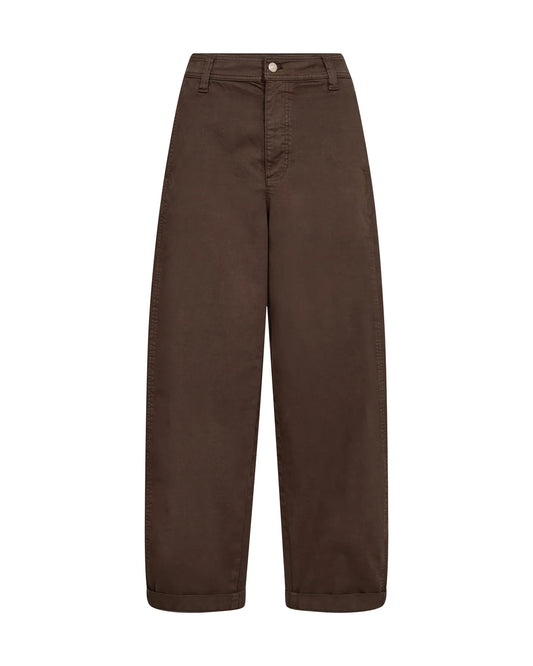 A pair of dark brown wide-leg trousers shown flat against a solid white background.