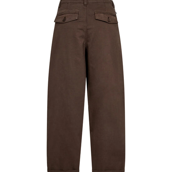 A pair of dark brown wide-leg trousers shown from the back, featuring two buttoned flap pockets at the waist, on a solid white background.