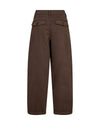 A pair of dark brown wide-leg trousers shown from the back, featuring two buttoned flap pockets at the waist, on a solid white background.