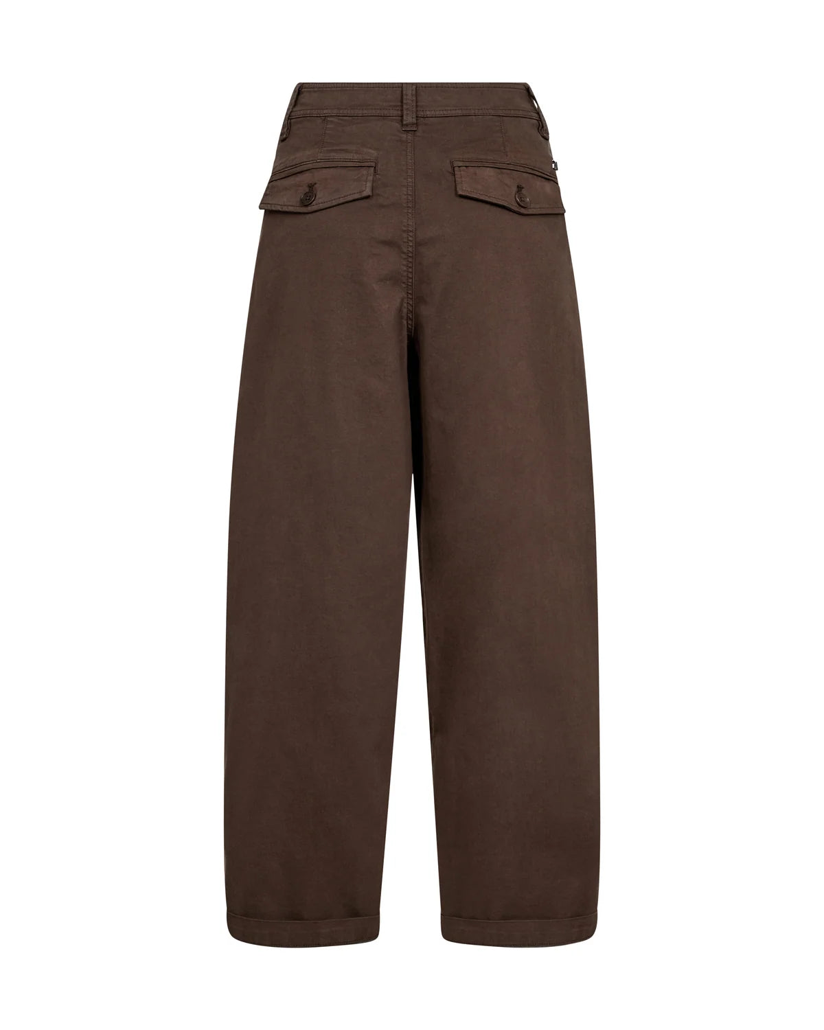 A pair of dark brown wide-leg trousers shown from the back, featuring two buttoned flap pockets at the waist, on a solid white background.