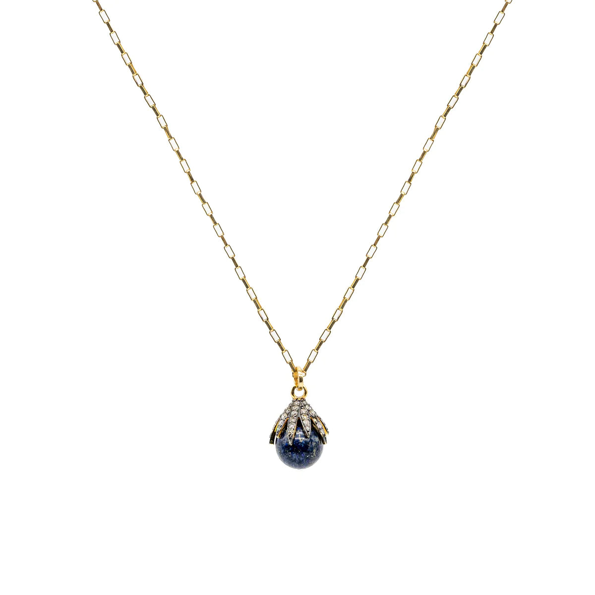 Lapis Lazuli pendant necklace with pave diamond claw setting on a gold plated chain