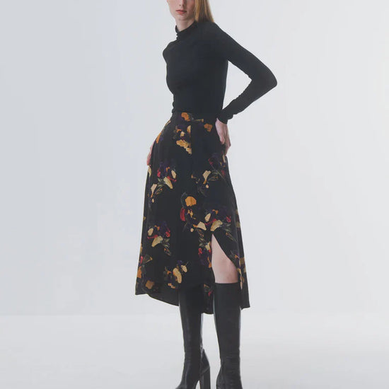 super soft long sleeve black top with high round neck model shot