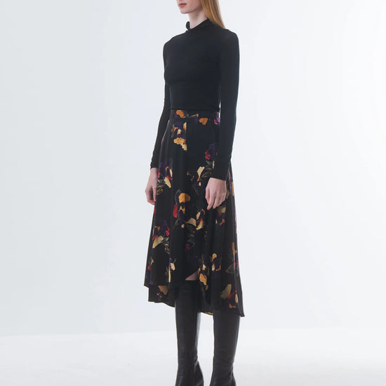 super soft long sleeve black top with high round neck side view 