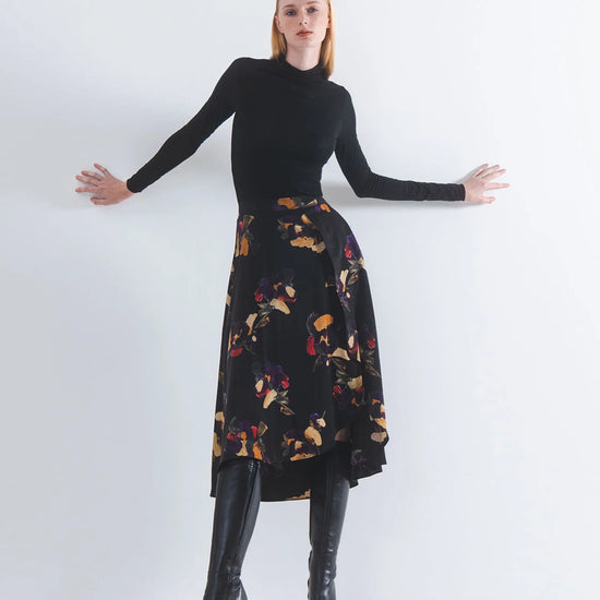 super soft long sleeve black top with high round neck model shot