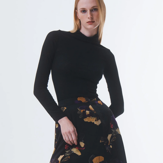 super soft long sleeve black top with high round neck close up