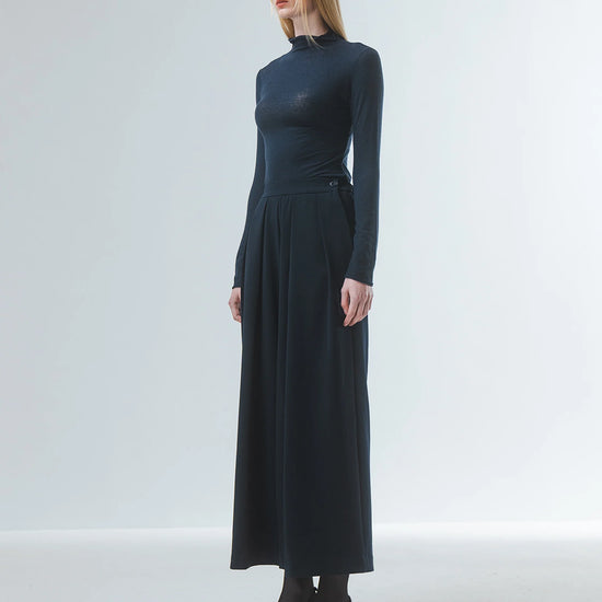 super soft long sleeve off navy top with high round neck side view 