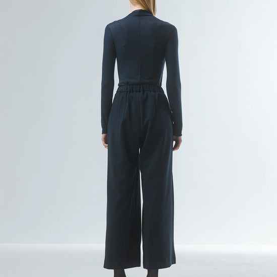 super soft long sleeve off navy top with high round neck rear view 