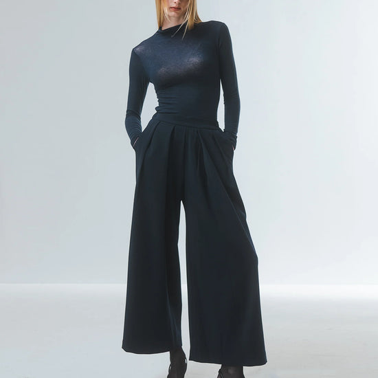 super soft long sleeve off navy top with high round neck model shot