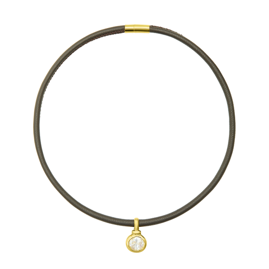 Thin black leather choker with a gold clasp and pendant on a white background