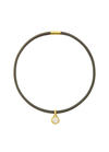 Thin black leather choker with a gold clasp and pendant on a white background