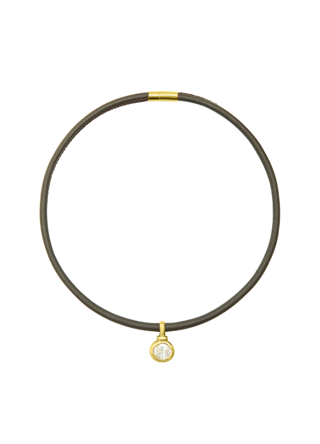 Thin black leather choker with a gold clasp and pendant on a white background