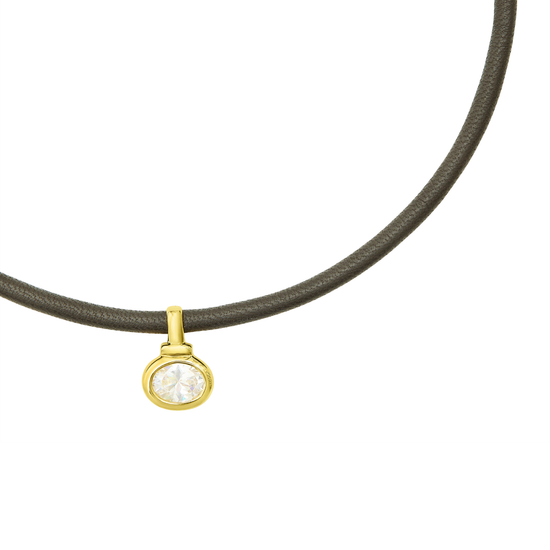 Thin black leather choker with a gold clasp and pendant on a white background