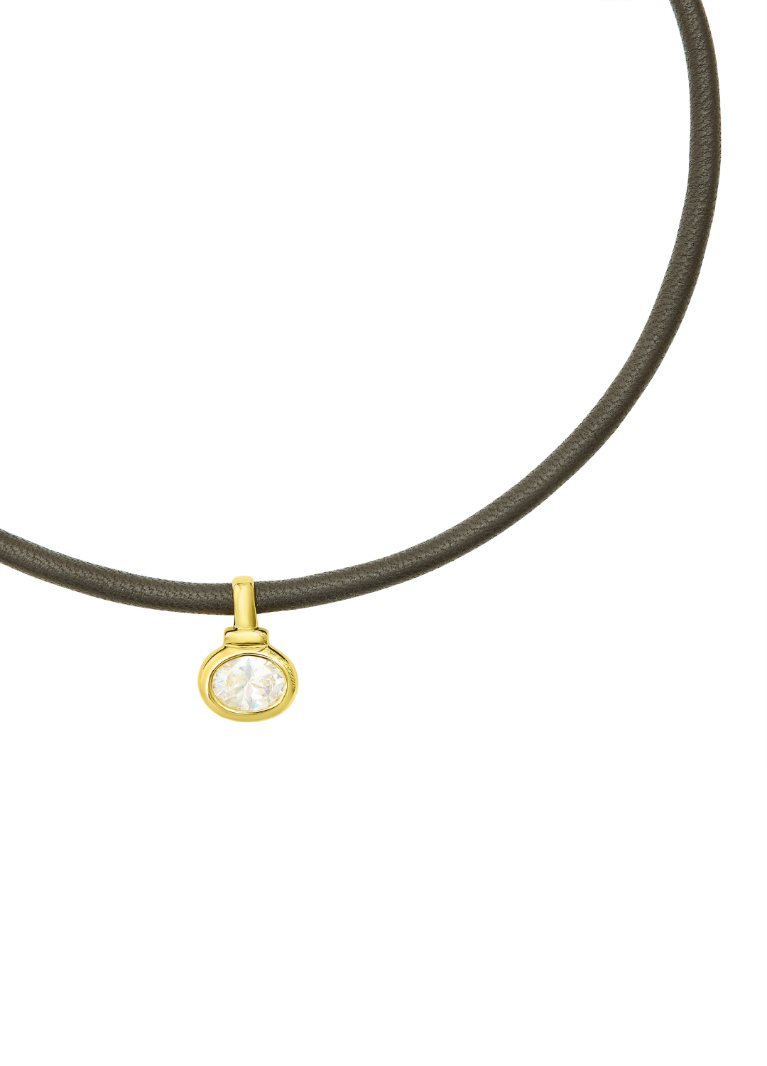Thin black leather choker with a gold clasp and pendant on a white background