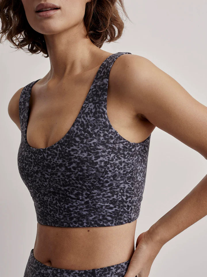 Blue cheetah print sports bra with scooped back and neckline