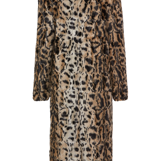 A long-sleeved faux fur coat with an all-over leopard print pattern, featuring a high collar and front button closure, shown against a plain white background.