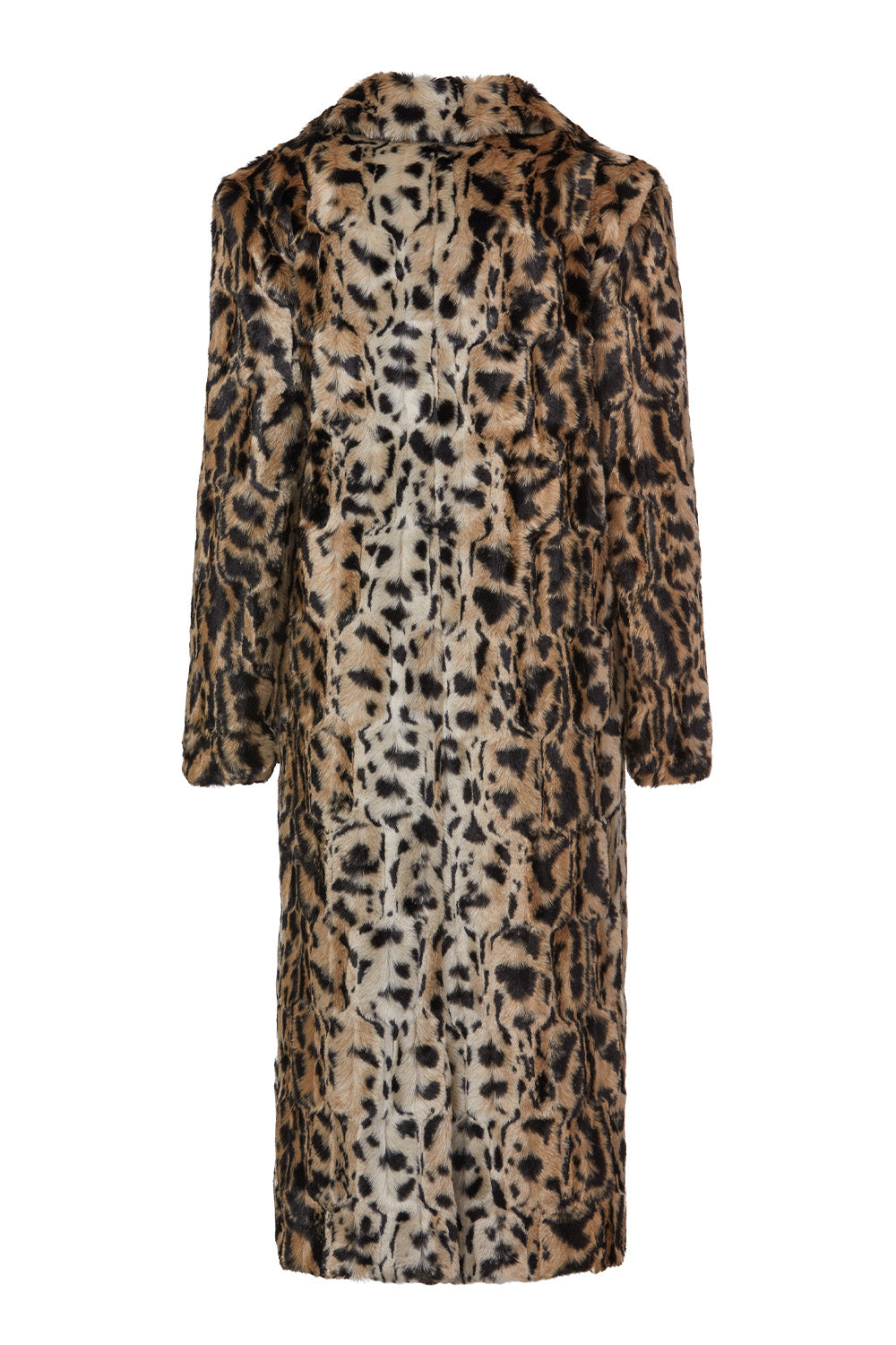 A long-sleeved faux fur coat with an all-over leopard print pattern, featuring a high collar and front button closure, shown against a plain white background.