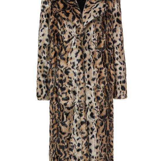 A long faux fur coat with a leopard print pattern, featuring a warm beige base with brown and black spots, shown against a plain white background.