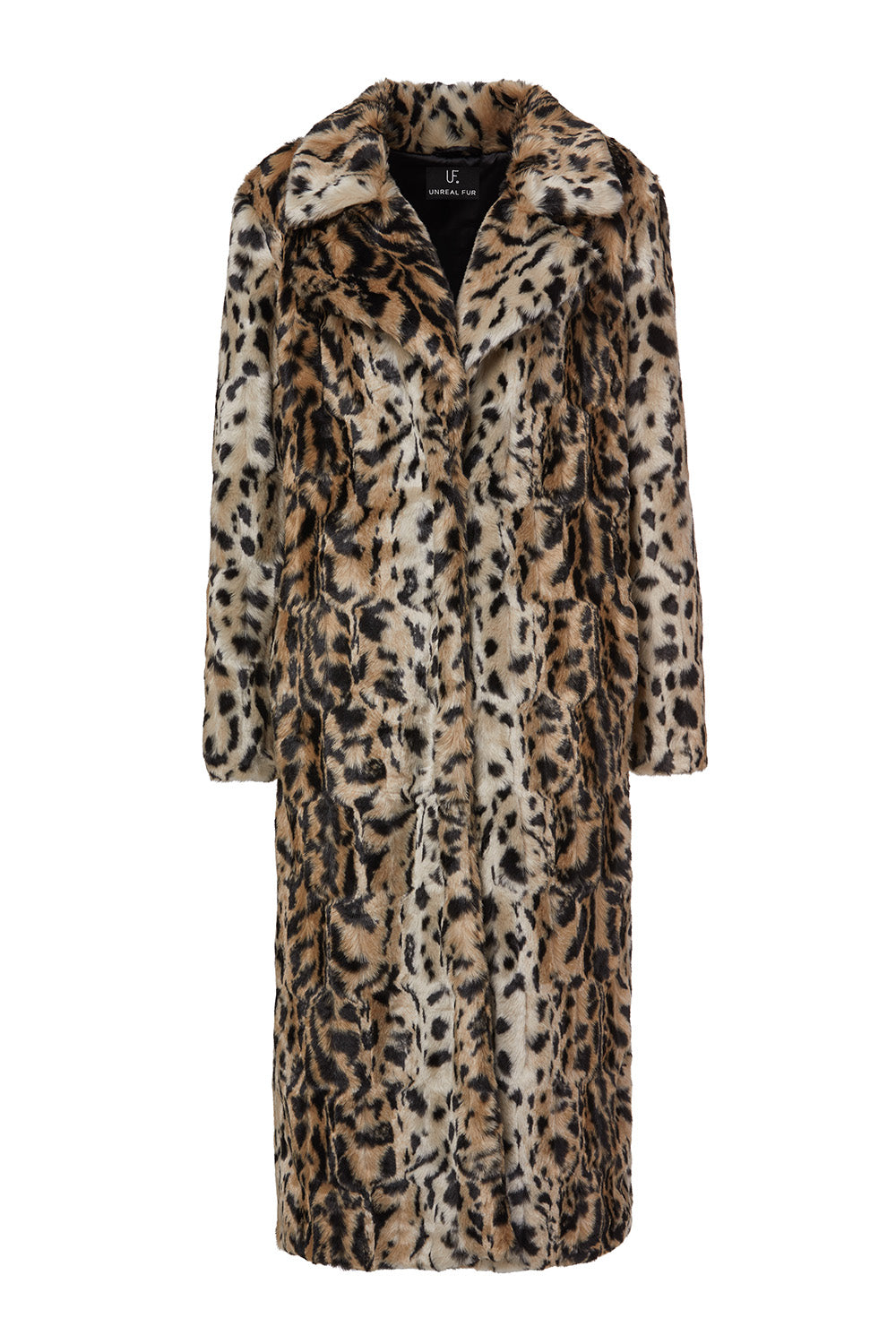 A long faux fur coat with a leopard print pattern, featuring a warm beige base with brown and black spots, shown against a plain white background.