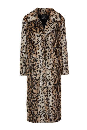 A long faux fur coat with a leopard print pattern, featuring a warm beige base with brown and black spots, shown against a plain white background.