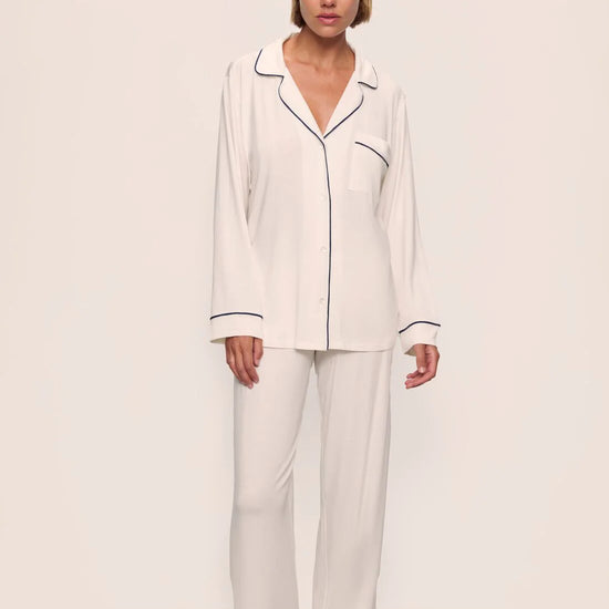 White tencel pjs piped in navy from Eberjey