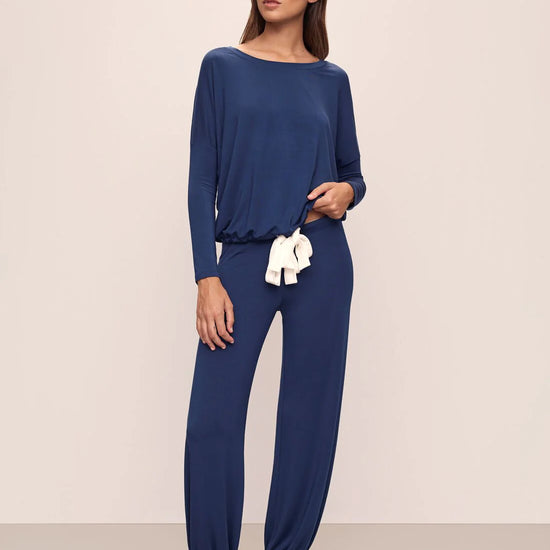 Navy slouchy pyjamas with white tie detail from Eberjey