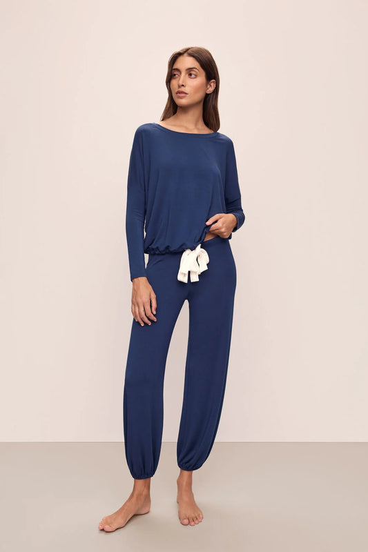 Navy slouchy pyjamas with white tie detail from Eberjey
