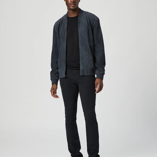 deep blue suede bomber jacket from paige model shot