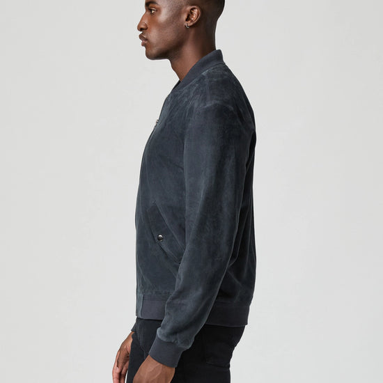deep blue suede bomber jacket from paige side view