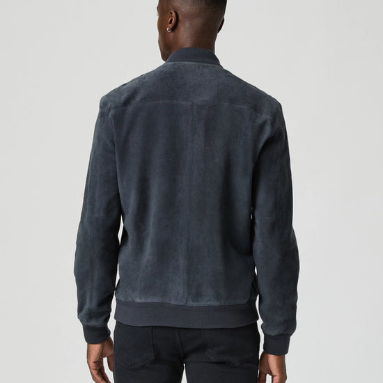 deep blue suede bomber jacket from paige rear view