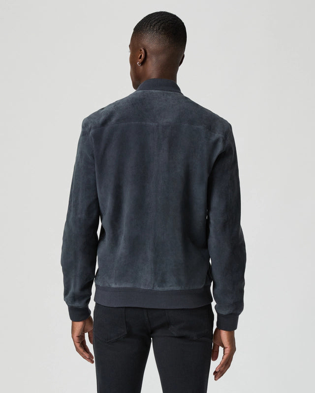 deep blue suede bomber jacket from paige rear view