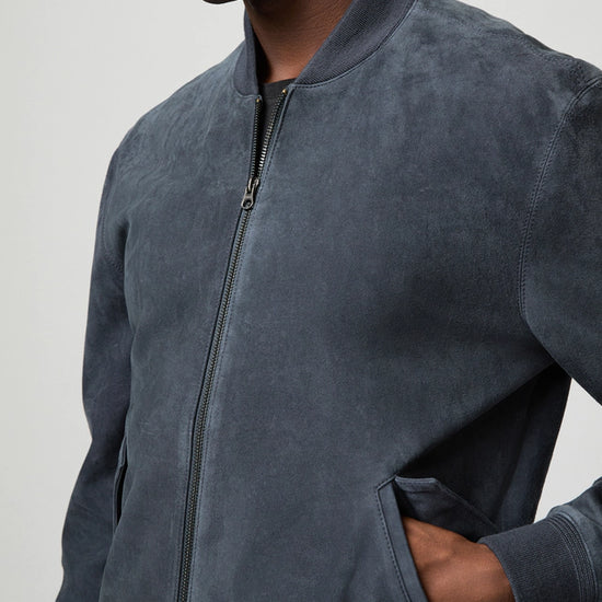 deep blue suede bomber jacket from paige close up