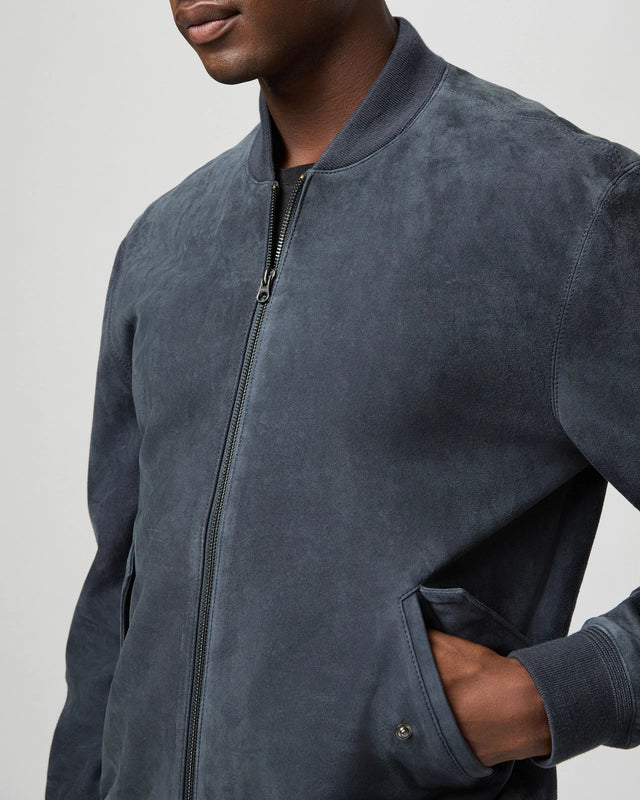 deep blue suede bomber jacket from paige close up