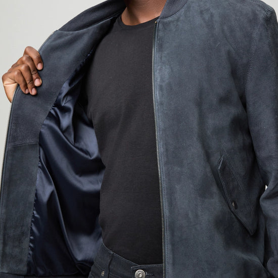 deep blue suede bomber jacket from paige close up