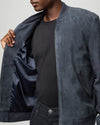 deep blue suede bomber jacket from paige close up