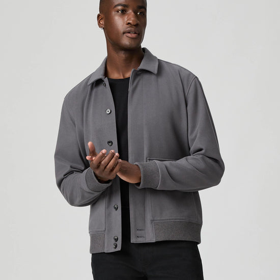 grey mens jacket with collar, 2 flap pockets and concealed placket from paige model shot