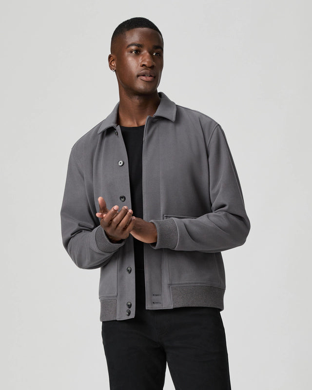 grey mens jacket with collar, 2 flap pockets and concealed placket from paige model shot