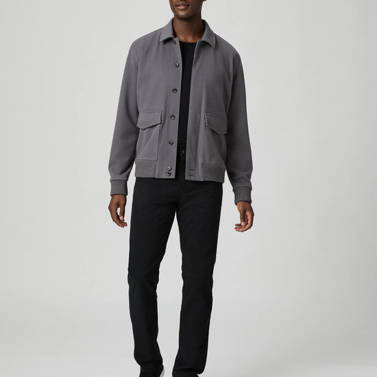 grey mens jacket with collar, 2 flap pockets and concealed placket from paige model shot