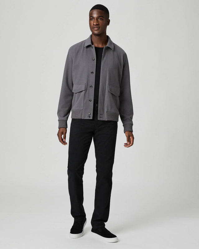 grey mens jacket with collar, 2 flap pockets and concealed placket from paige model shot