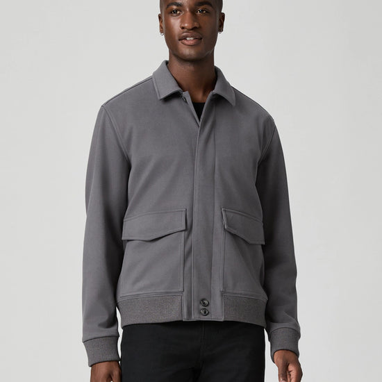grey mens jacket with collar, 2 flap pockets and concealed placket from paige