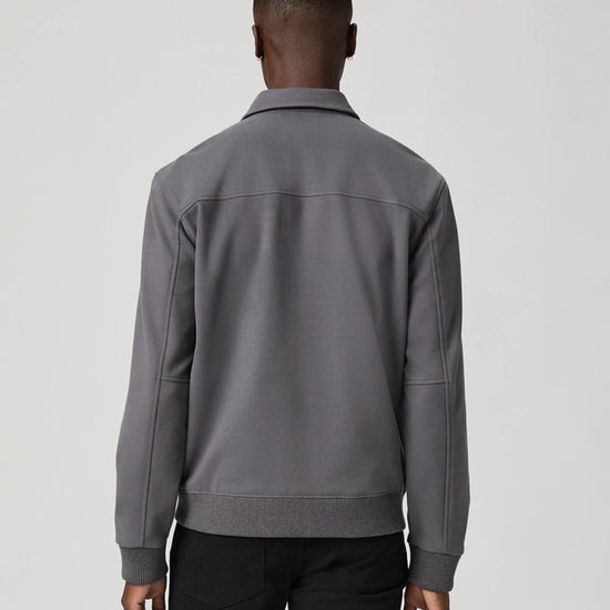 grey mens jacket with collar, 2 flap pockets and concealed placket from paige rear view