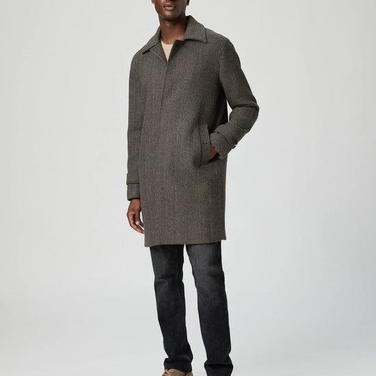 knee length grey herringbone coat with notch lapel from paige model shot